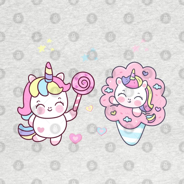 2 Cute Little Unicorns With Stars, Hearts, And Sweets by teezeedy